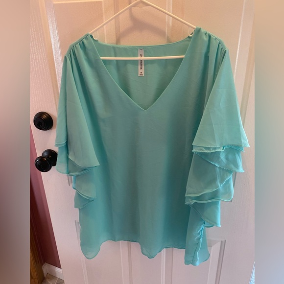 Zenana Outfitters Tops - Women's Aqua Blouse with Ruffle Sleeves